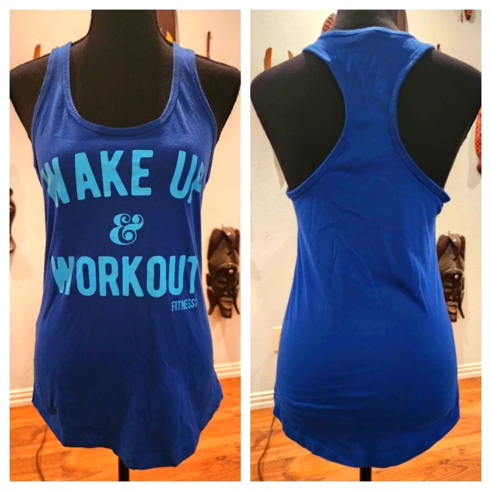 3/$20 - "Wake Up & Work Out" Blue, Racerback Tank, Size M